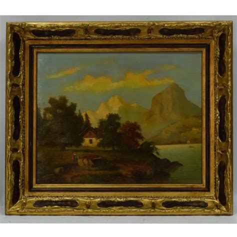 19th Century Old Oil Painting Landscape Lake At The Foot Of Mountain