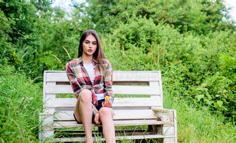 Wait For Date Time To Relax Fashion And Beauty Woman Sit On Bench Trendy Summer Look Stock