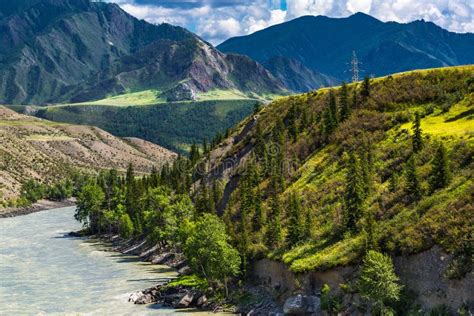 Katun River Surrounded By Mountains Altai Republic Russia Stock Photo