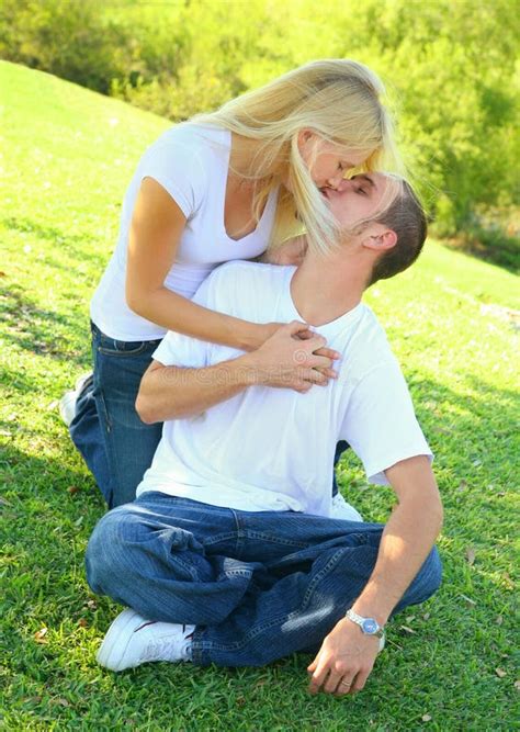Two Lovely Man Woman Caucasian Kissing On Grass Stock Image Image Of Male Happy 6984489