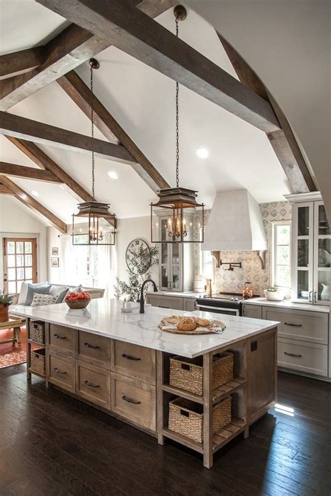 Kitchen With Timber Framed Vaulted Ceilings And Amazing Island