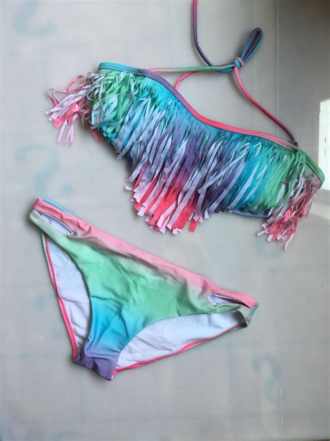 Outdoor Summer Bikini Women Sexy Rainbow Color Fringed Bikini Swimsuit