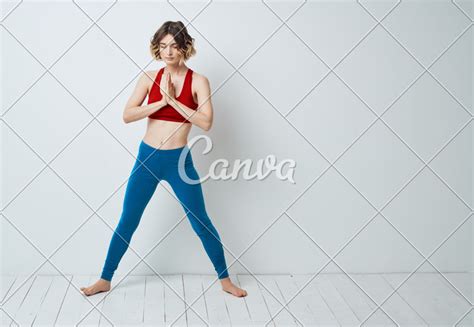 Woman Spread Her Legs Bent Forward Sport Fitness Gymnastics Yoga