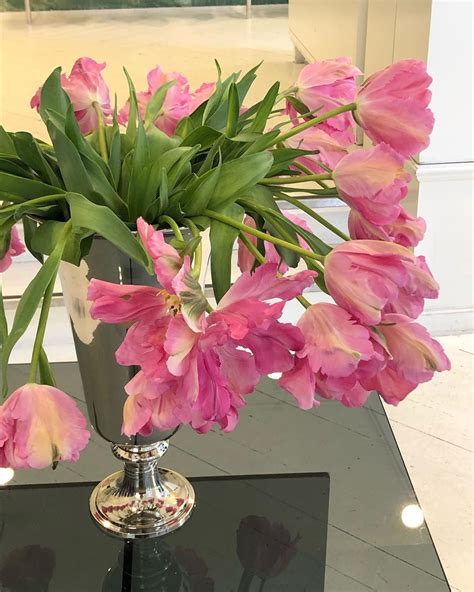 Pink Flowers Are In A Silver Vase On A Glass Coffee Table With White