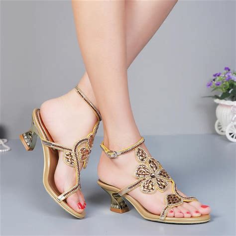 Kitten Heel Gold Rhinestone Wedding Sandals Slingback Comfortable Party Dancing Shoes Chunky