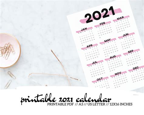 Pink Printable Calendar 2021 Wall Calendar Year At A Glance Etsy