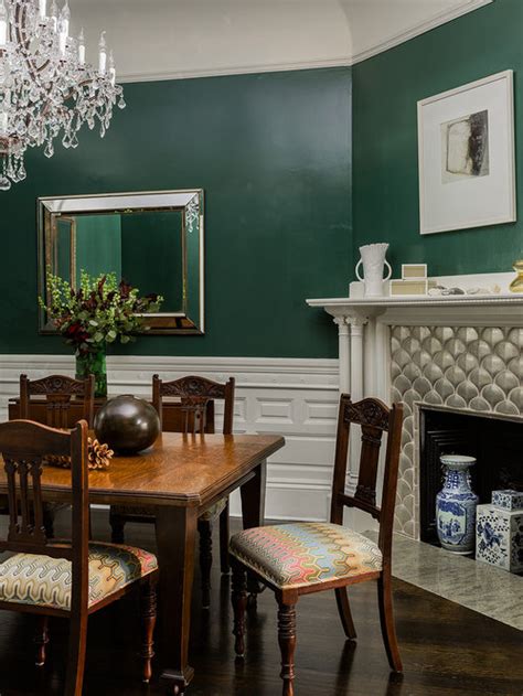 Mix and match various different colours together, for example, adding a bright red cushion to a leaf green throw for an eye catching eclectic effect. Dark Green Dining Room Design Ideas, Remodels & Photos