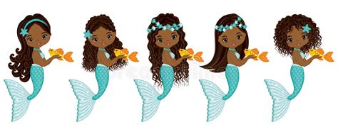 Vector Cute Little Mermaids With Marine Animals Vector Mermaids Stock