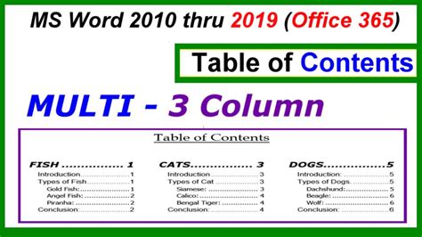 Sections, subsections and chapters are included in the table of contents. How to Make a 3 Column or Multi-Column Table of Contents ...
