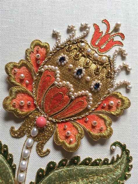 ornate flower detail silk long and short stitch goldwork stumpwork pearls beads check