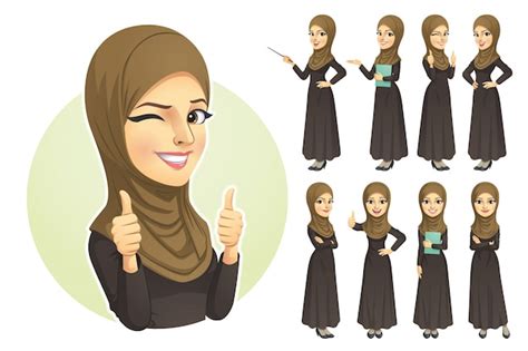 Premium Vector Muslim Woman With Hijab Character Set