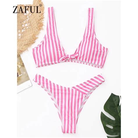 Zaful Bikini Striped Front Knot Swimwear Women Sexy Striped Plunging Neck Thong Bikini Padded