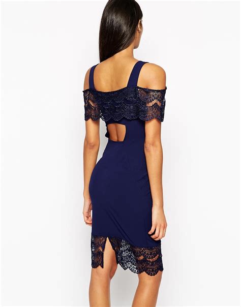 Lyst Lipsy Off The Shoulder Bodycon Dress With Lace Detail In Blue