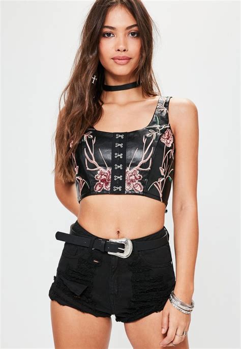 Black Faux Leather Hook Eye Embroidered Crop Top Missguided