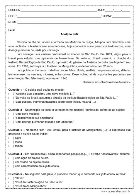 Atividades Sobre Tipos De Sujeito 7 Ano