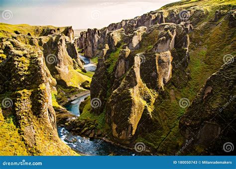 Large Canyon With River In Icelandic Landscape Fjadrargljufur Canyon