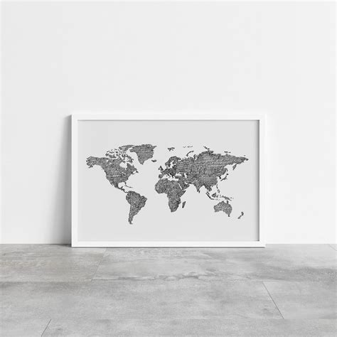 World Map Art Print Printable World Map Large Print Black Etsy