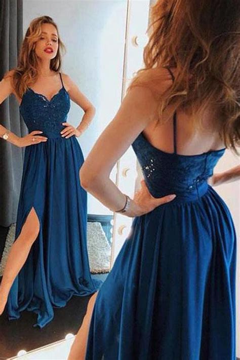 Unique Blue Spaghetti Straps Lace Prom Dresses Satin Sweetheart Side Slit Party Dress On Sale