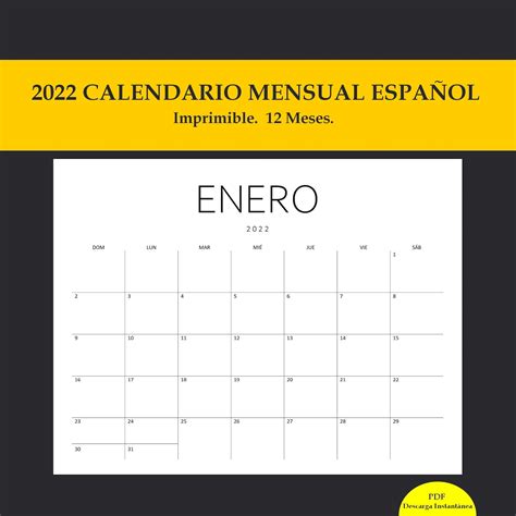 Calendario 2022 Imprimible Pdf 2022 Plantilla De Calendario Etsy Espa