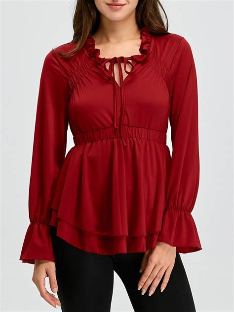 Wine Red Xl Lace Up Bell Sleeve Skirted Ruffle Blouse