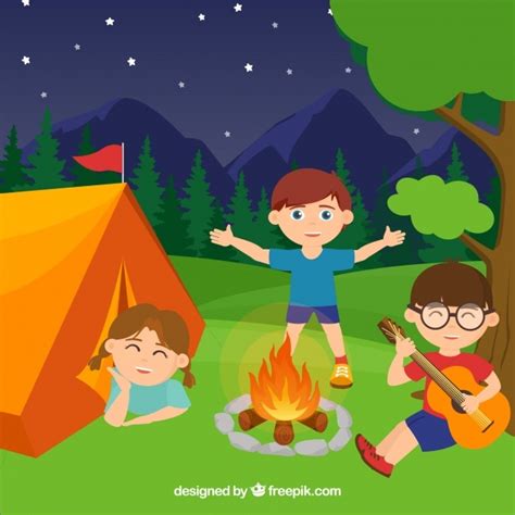 Summer Camp Background With Happy Kids Free Vector