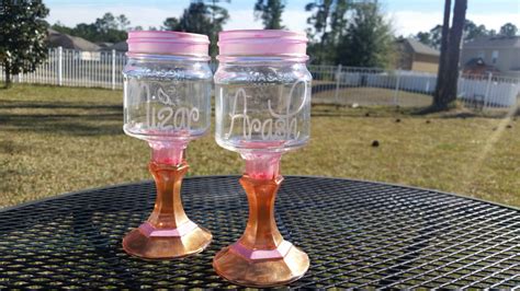 Personalized Mason Jar Wine Glass Colored Glass Gold And Pink One