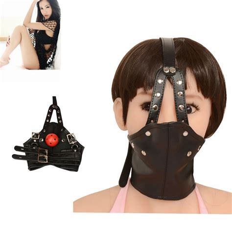Leather Head Harness Panel Mouth Ball Gag Restraint Face Mask Collar