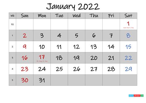 Free Printable January 2022 Calendar With Holidays Template K22m565