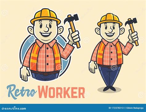Retro Fat Construction Worker Character Vintage Builder Mascot Funny And Adorable Man Stock