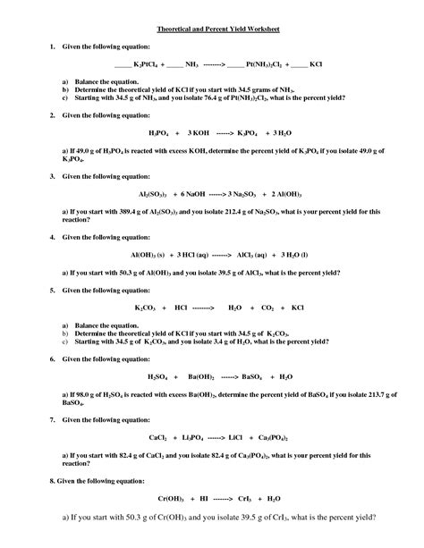 Limiting Reactant And Percent Yield Practice Worksheets Answ