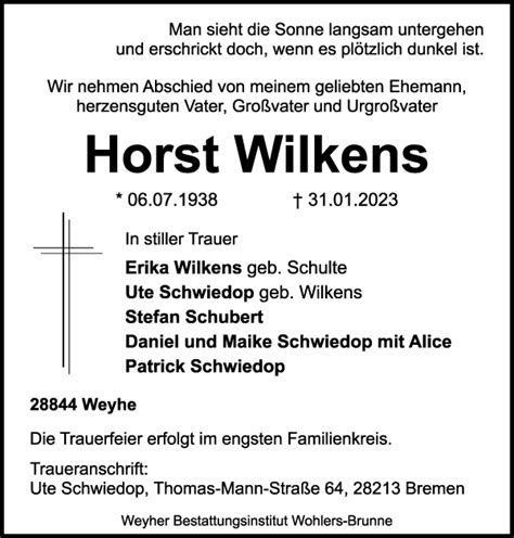 Traueranzeigen Von Horst Wilkens Trauer Gedenken