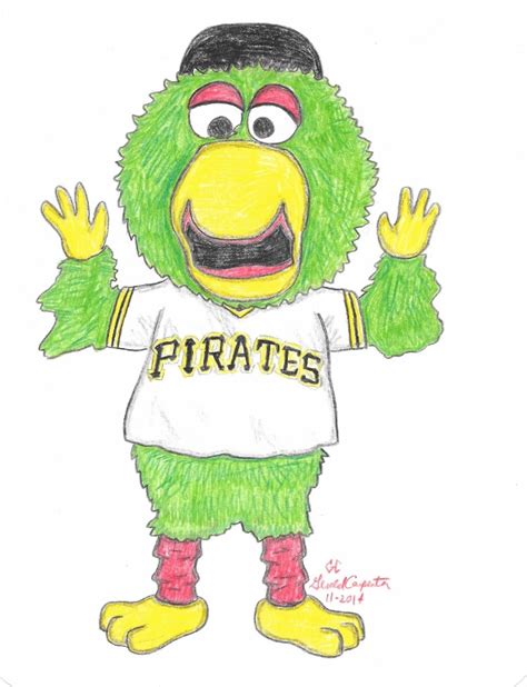 The pirate parrot wears a white or yellow pirates jersey. The Odds and Ends, baseball mascot caricatures,