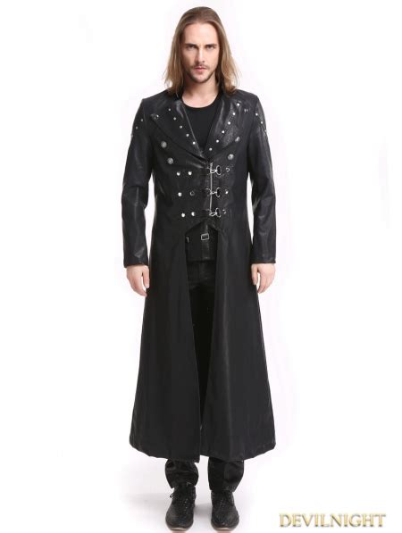 Black Pu Leather Gothic Punk Military Style Long Trench Coat For Men