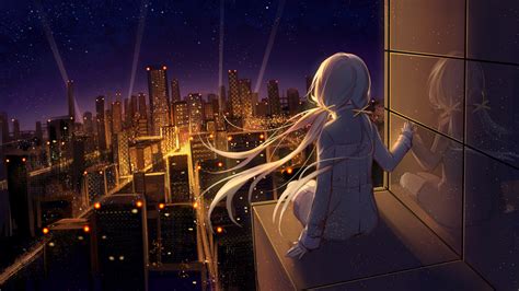 City City Lights Sitting Reflection Night Stars Anime Girls