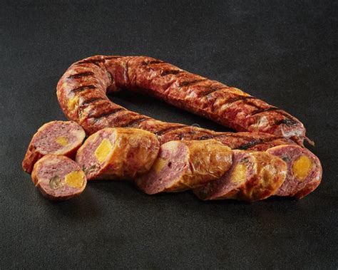 Smoked Sausage From Pork And Beef Meat With Cheddar And Jalapenos Stock