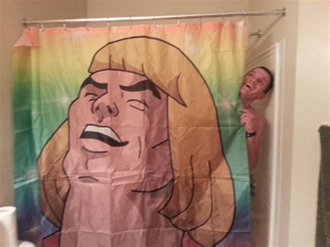 A Shower Curtain With An Image Of A Womans Face On It And The Caption