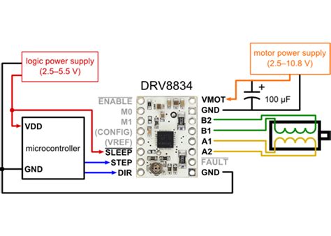 Check your motor for a wiring diagram for either low or high voltage operation and locate where the connections need to be made. DRV8834 Low-Voltage Stepper Motor Driver Carrier