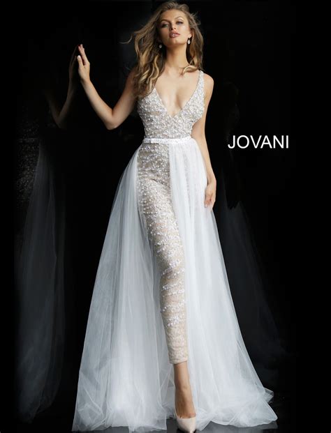 Jovani Dress 60010 Nude White Fitted Fully Beaded Backless V Neck