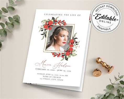 Funeral Program Template With Red Flowers Floral Memorial Program