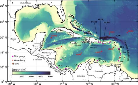 Map Of The Caribbean Sea Showing Bathymetry And Locations Of 12 Tide