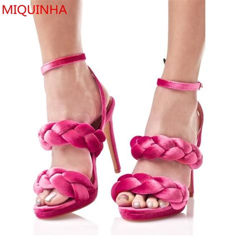 Miquinha Velvet Braided Heels Women Sandals Open Toe Double Braided Straps Ankle Strap Stiletto