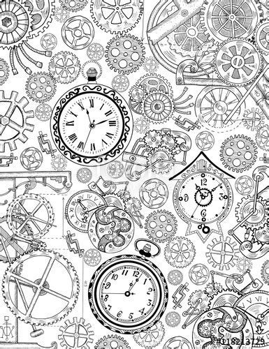 Coloring Book Page With Mechanical Details And Old Clocks Steampunk