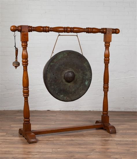 Antique Burmese Bronze Temple Gong With Mallet Mounted On Turned Wooden