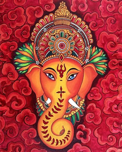 An Elephant Painted On A Red Background With Swirls In The Foreground