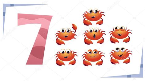 Collection Number For Kids Sea Animals Number 7 Crab Vector Stock