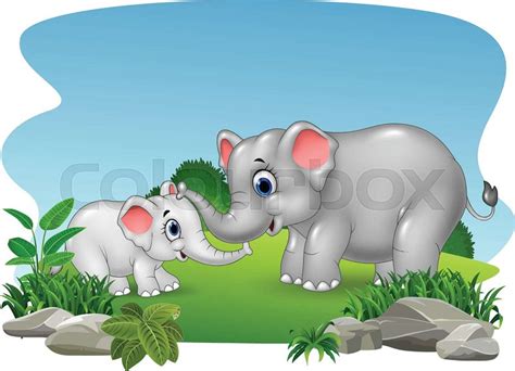 Cartoon Mother And Baby Elephant In The Grass Stock Vector Colourbox