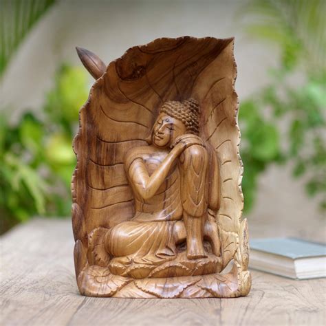 Handmade Suar Wood Buddha Sculpture Bodhi Leaf Buddha Novica
