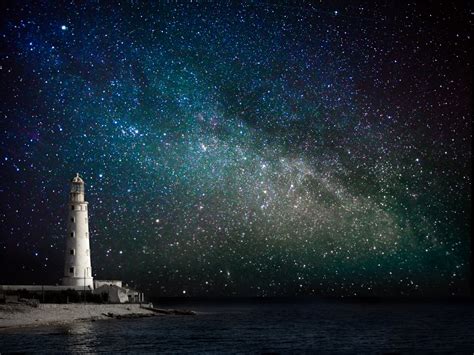 Sea Coast Lighthouse Night Sky Star Milky Way Hd Wallpaper