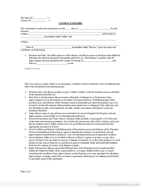 Free Printable Contract For Deed Form Basic Templates In 2020 With