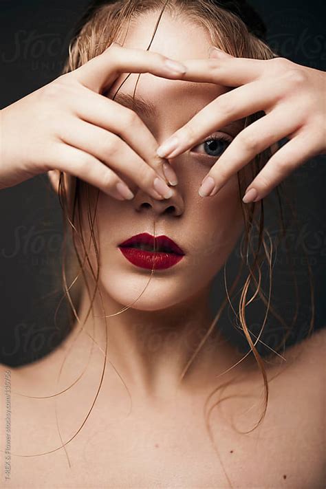 Portrait Of A Beautiful Girl With Wet Hair And Red Lips By T Rex